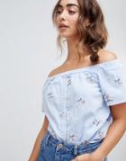 Warehouse Daisy Sprinkle Embroidered Bardot Top - Blue