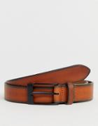 Asos Design Leather Slim Belt In Tan With Burnished Edges And Matte Black Buckle - Tan