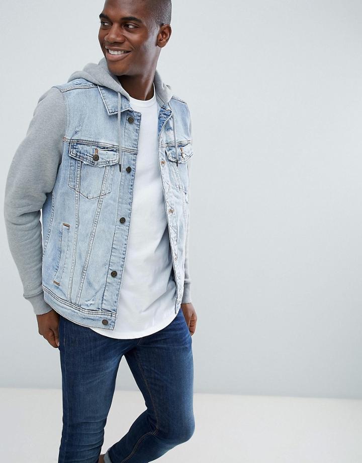Hollister Denim Jacket Sweat Hood & Sleeves In Light Wash/gray - Blue
