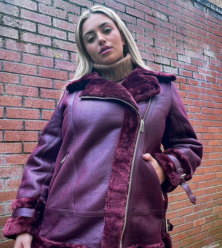 River Island Plus Faux Shearling Aviator Jacket In Red