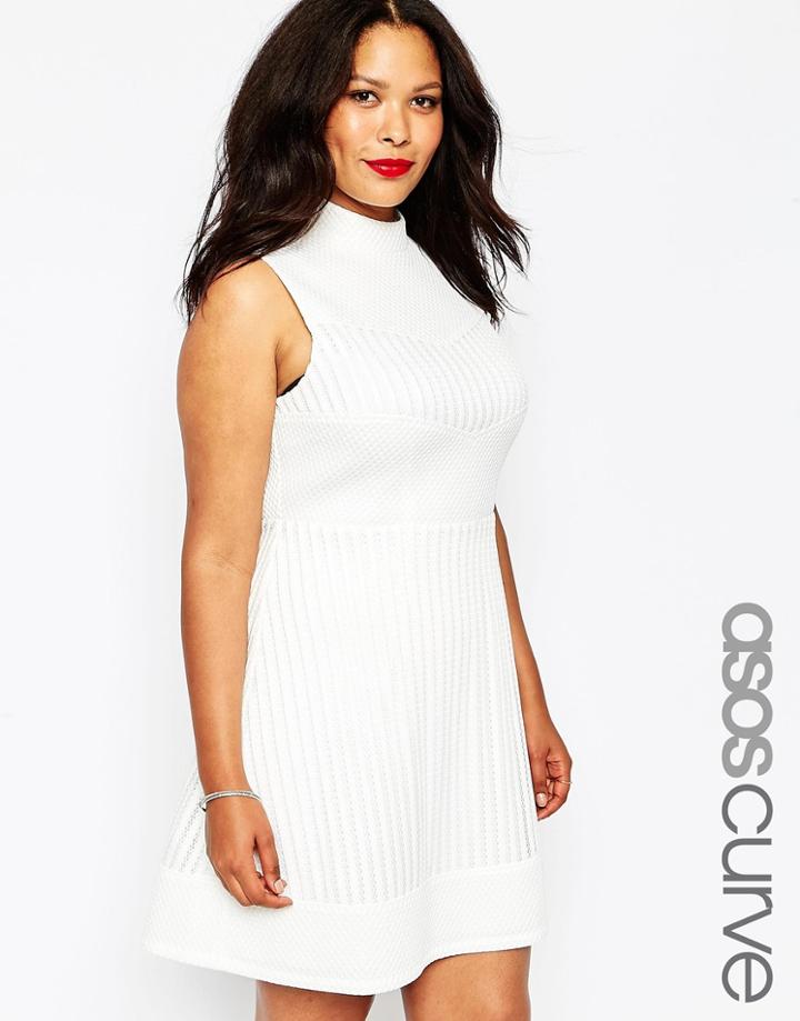 Asos Curve Premium Skater Dress With High Neck In Mixed Mesh - White