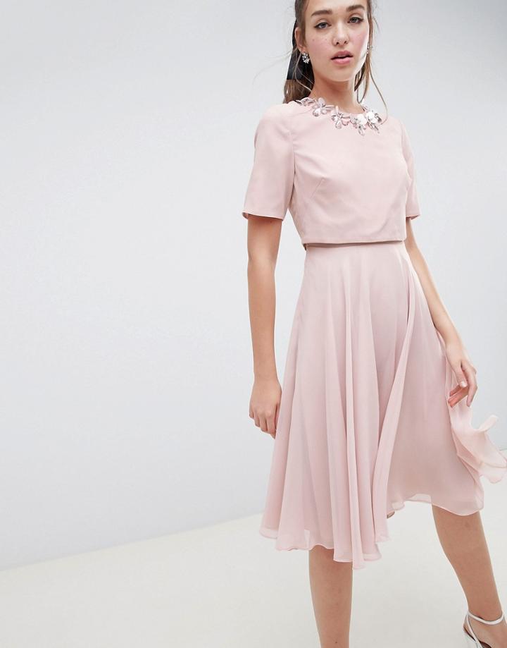 Asos Design 3d Embellished Crop Top Midi Skater Dress - Pink