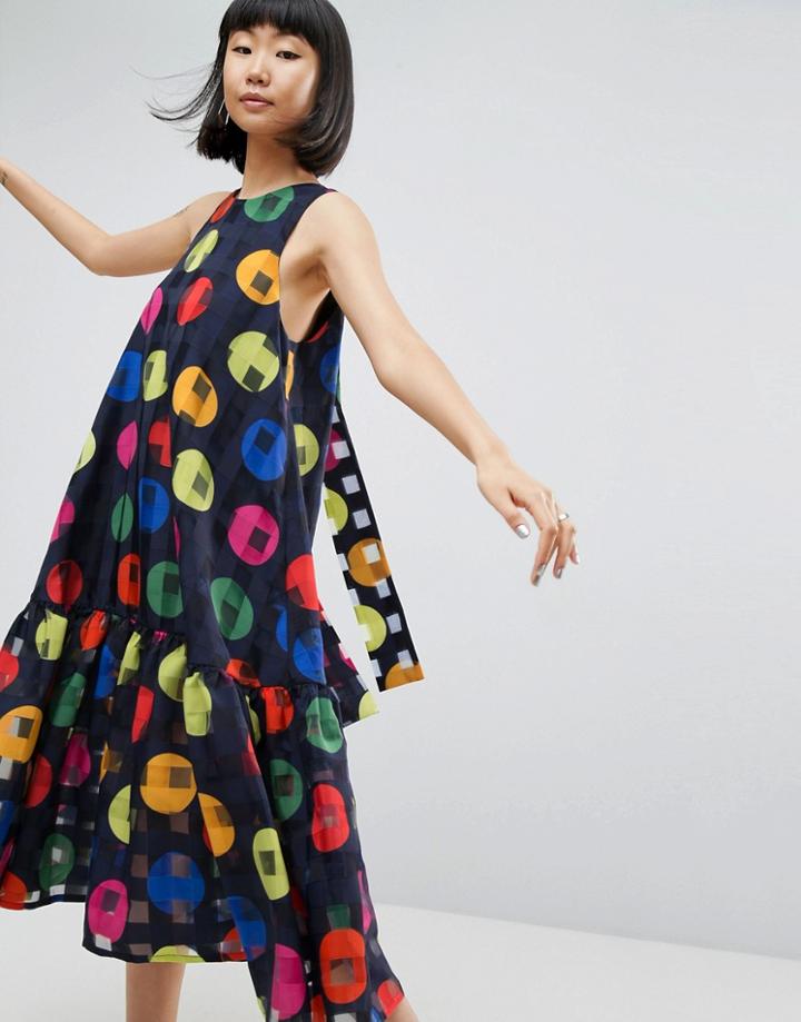 Asos White Trapeze Dress In Bright Polka Dot - Blue