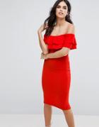 Ax Paris Bardot Frill Overlay Midi Dress - Red