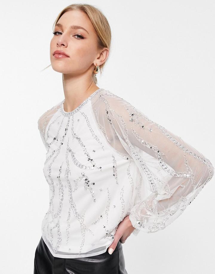Asos Design Elastic Waist Embellished Top In Ivory-white
