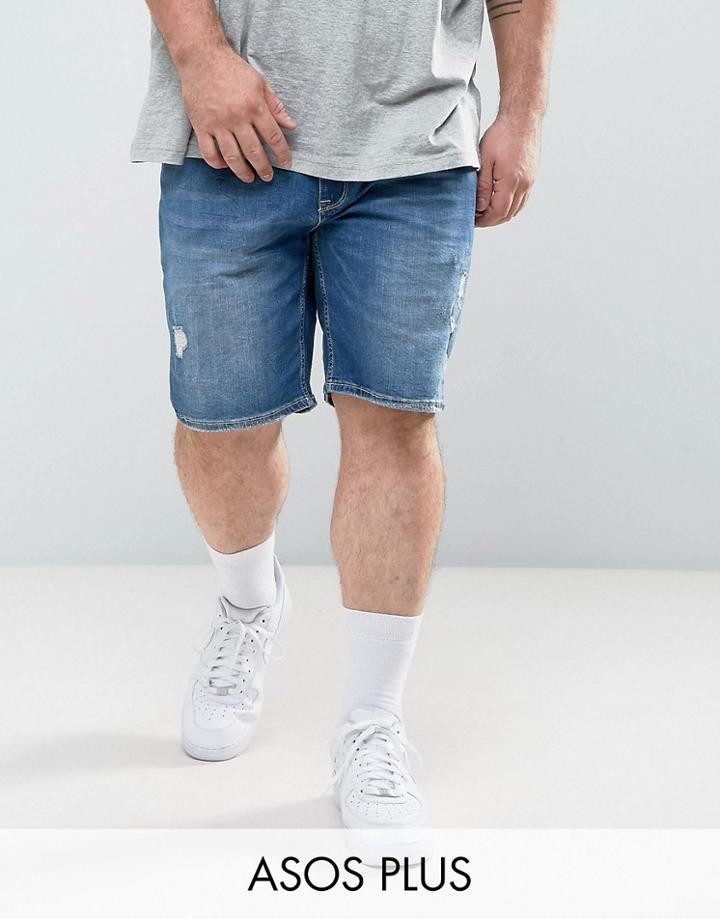 Asos Plus Skinny Denim Shorts In Mid Wash Blue With Rip And Repair - Blue