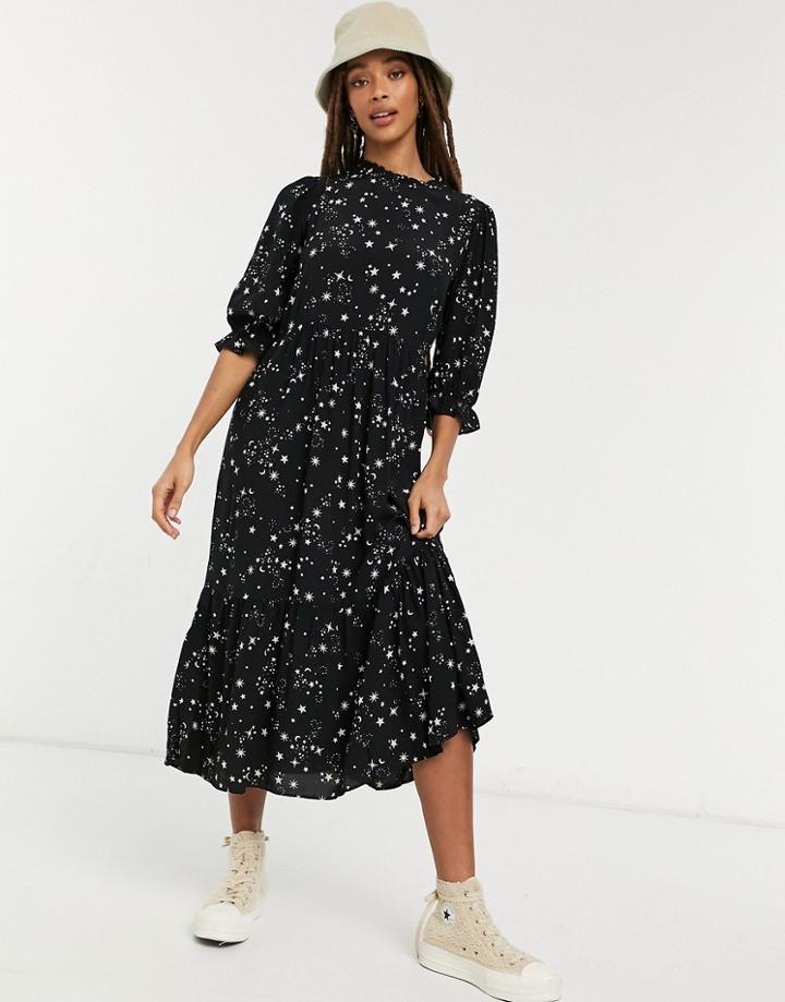 New Look High Neck Volume Sleeve Midi Dress In Star Print-black