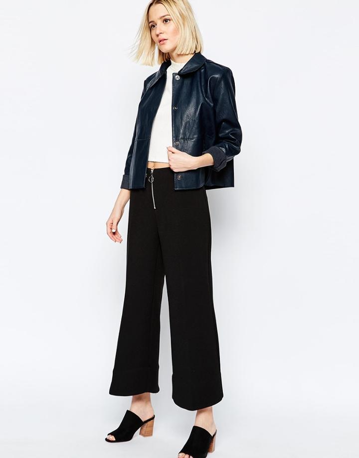 Weekday Crop Wide Leg Pants With Zip Front - Black