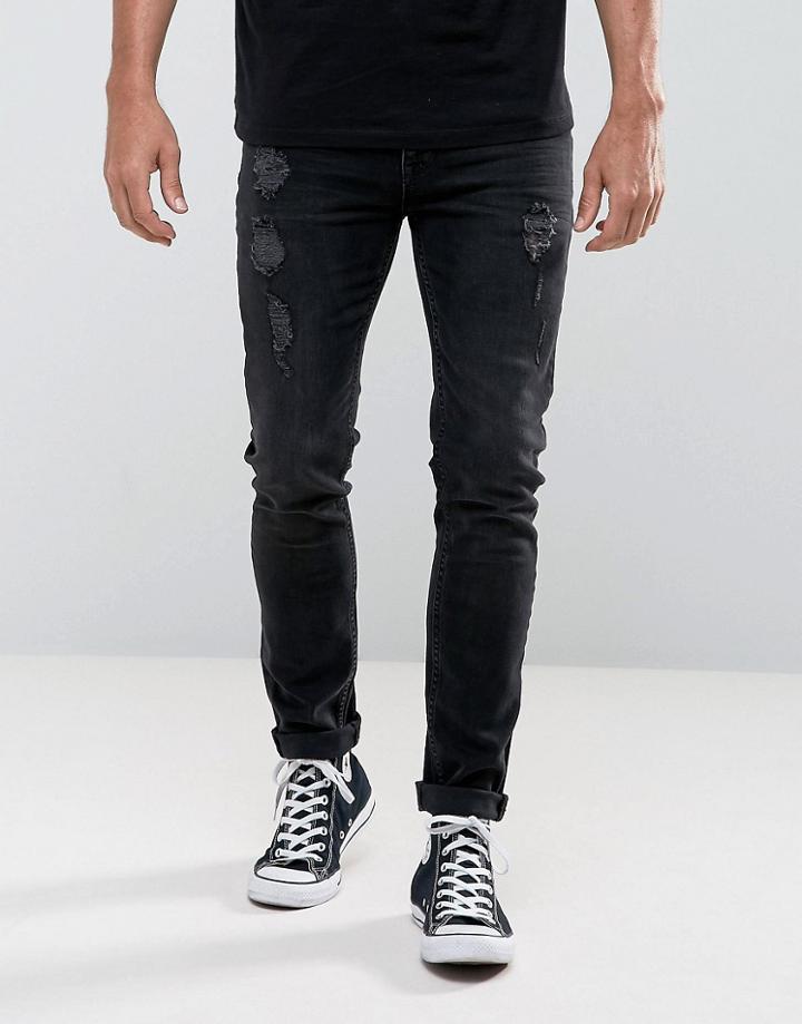 Asos Skinny Jeans In 12.5oz Black With Rips - Black