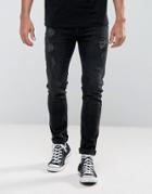 Asos Skinny Jeans In 12.5oz Black With Rips - Black