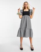Urban Revivo Check Print Midi Dress With Peplum Hem In Black