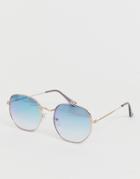 Asos Design Metal Angled Sunglasses With Gold Frame And Blue Lenses - Blue