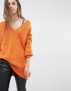 Religion Luxury Oversized V-neck Sweater In Fluffy Knit - Orange