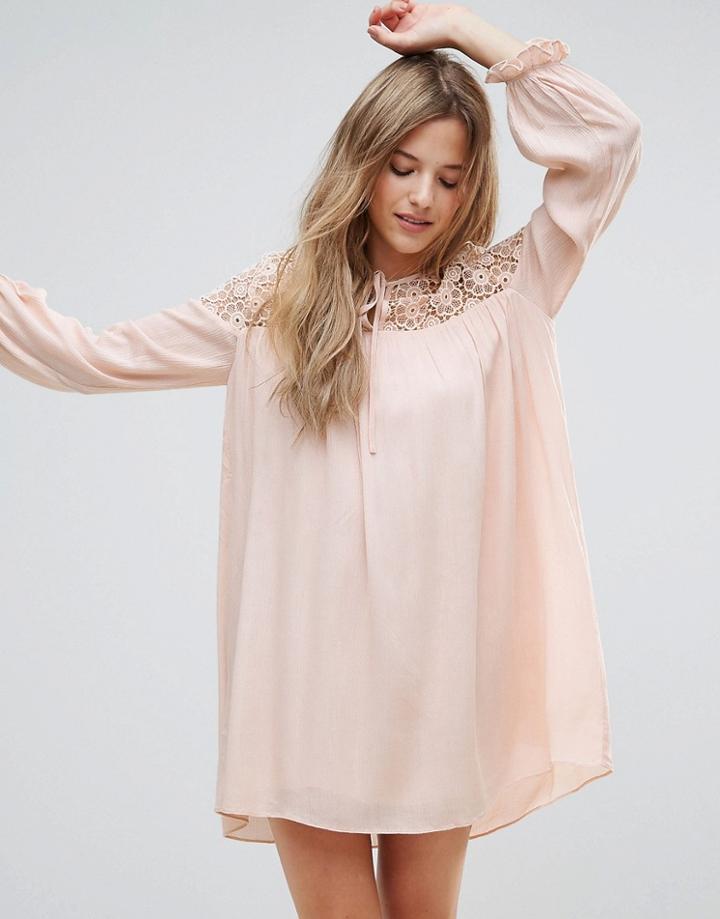 The English Factory Long Sleeve Tunic Dress With Embroidery And Tie Detail - Pink