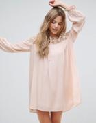 The English Factory Long Sleeve Tunic Dress With Embroidery And Tie Detail - Pink