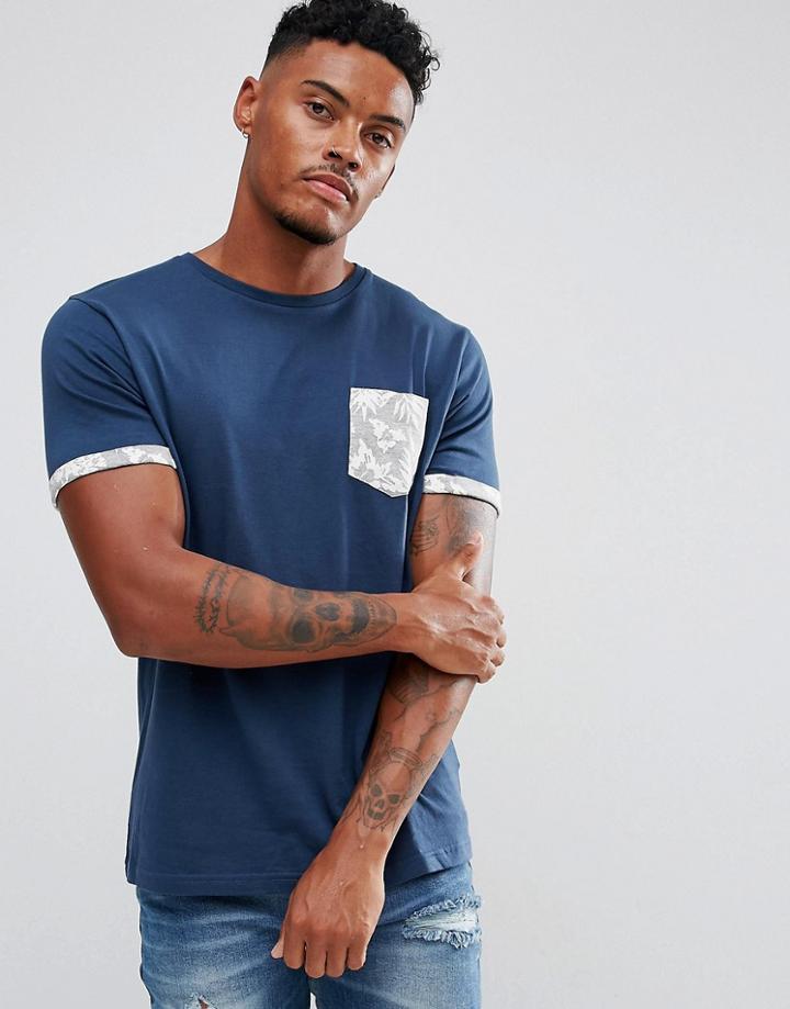 Brave Soul T-shirt With Leaf Print Pocket And Turn Up Sleeves - Navy