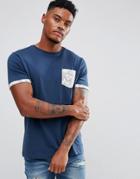 Brave Soul T-shirt With Leaf Print Pocket And Turn Up Sleeves - Navy