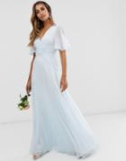 Asos Design Bridesmaid Flutter Sleeve Maxi Dress With Pleated Waist-blue