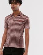 Sacred Hawk Open Neck Polo Shirt In Brown Stripe - Brown