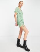 Asos Design Mesh Ruched Detail Mini Dress In Green Floral Print-multi