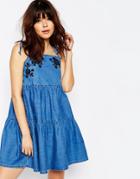 Asos Denim Tiered Dress With Floral Embroidery In Mid Wash - Midwashe Blue