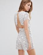 Goldie Reily V Neck Romper With Open Back Detail In Feather Print - Multi