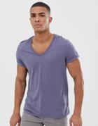Asos Design T-shirt With Deep V Neck And Roll Sleeve In Gray - Gray