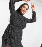 New Look Curve Shirred Detail Ruffle Dress In Black Polka Dot