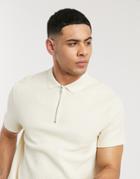 Asos Design Jersey Heavyweight Waffle Polo With Zip In Beige-neutral