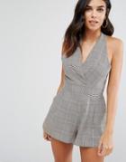 Love Pleated Bust Romper In Check Print - Gray