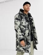 Asos Design Hooded Parka Jacket In Ecru Camo Print