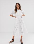 Asos White Broderie Midi Shirt Dress-blue