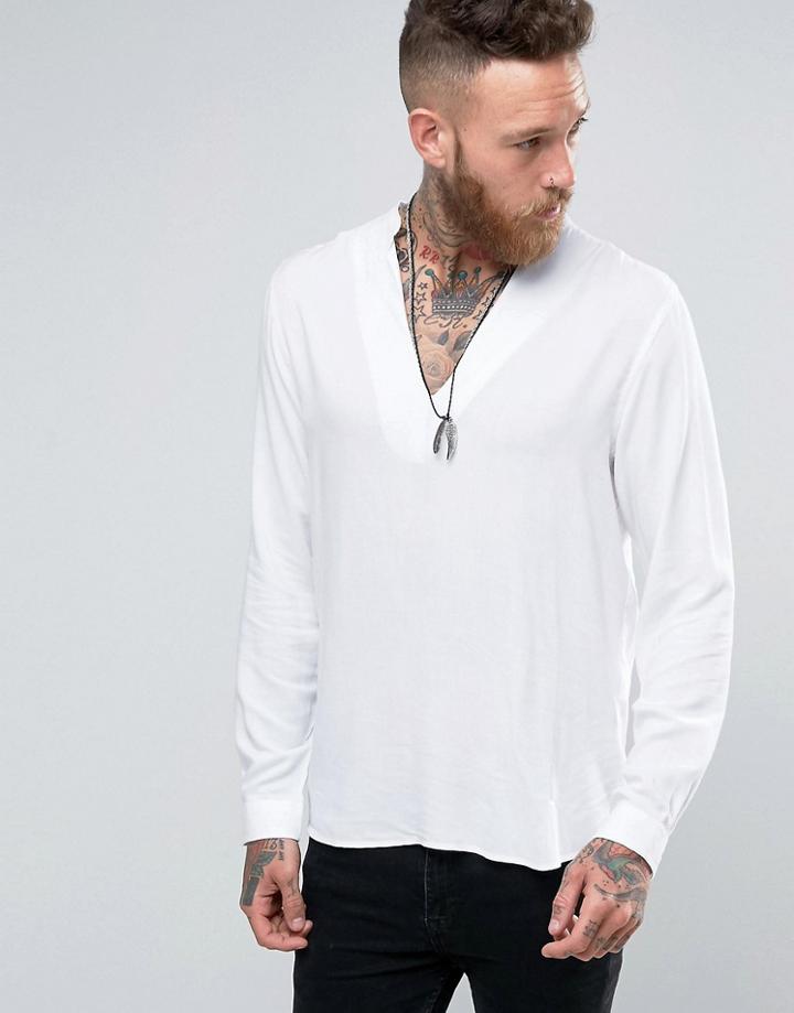 Asos White Shirt In Viscose With V Neck In Regular Fit - White