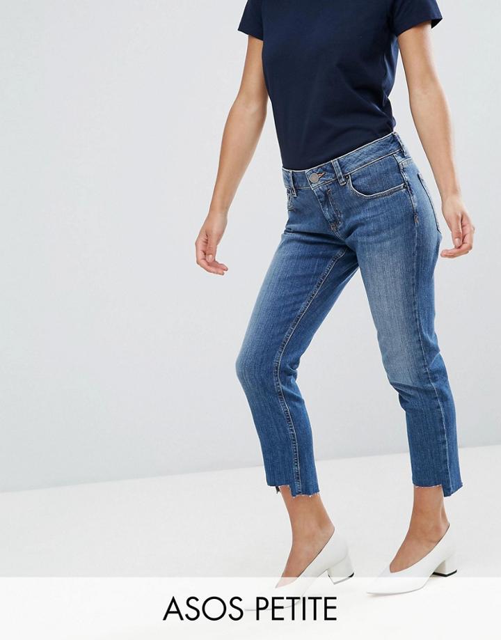 Asos Petite Kimmi Shrunken Boyfriend Jeans In Blake Vintage Darkwash With Stepped Hem - Blue