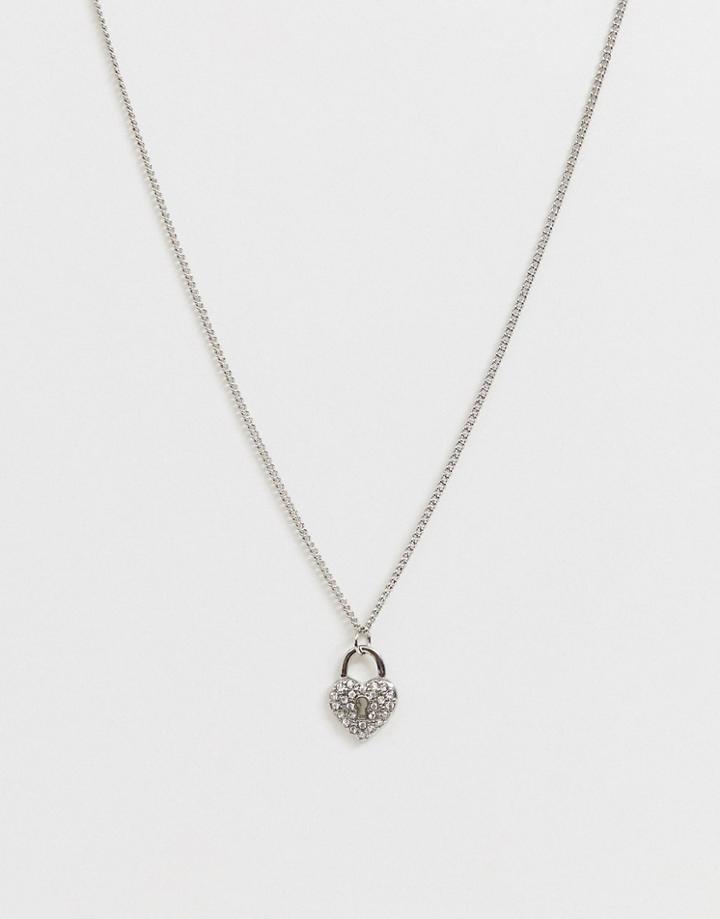 Asos Design Necklace With Crystal Heart Padlock Pendant In Silver Tone