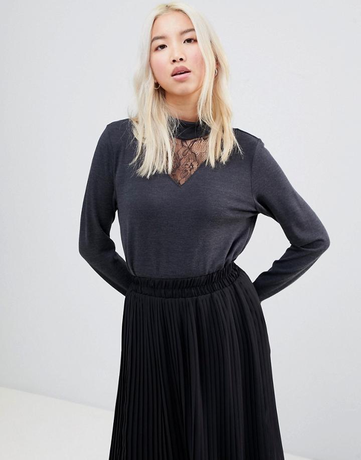 B.young High Neck Lace Insert Blouse - Black