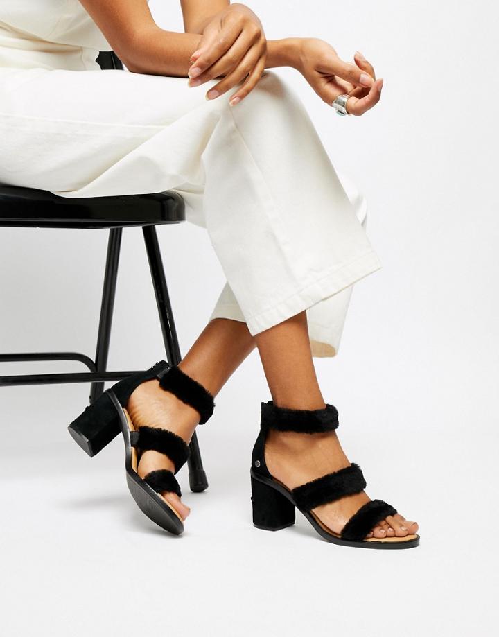 Ugg Del Rey Black Triple Strap Fluffy Heeled Sandals - Black