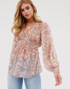 Asos Design Long Sleeve V Neck Top With Shirring In Zebra/tiger Animal Print - Pink