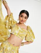 Asos Design Drape Off-the-shoulder Crop Top In Yellow Leaf Print-pink