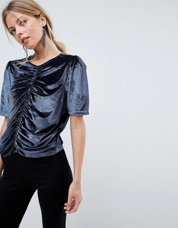 Asos T-shirt In Velvet With Ruching And Puff Sleeve - Gray