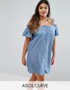 Asos Curve Cold Shoulder Button Through Sundress In Chambray - Blue