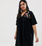 Asos Design Curve Embroidered Ultimate Cotton Smock Dress - Black