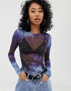Daisy Street Shrunken Long Sleeve Top In Galaxy Print Mesh-multi
