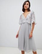 Asos Design Flutter Sleeve Midi Dress With Pleat Skirt In Embroidery - Multi