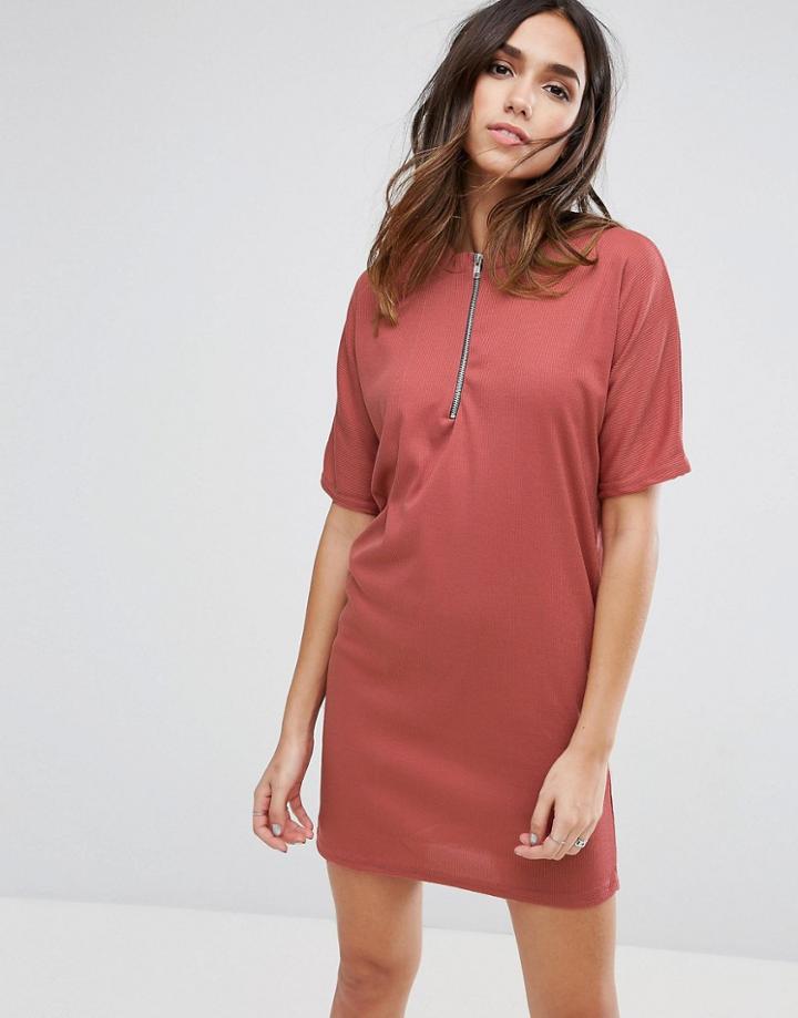 Daisy Street Zip Front T-shirt Dress - Pink