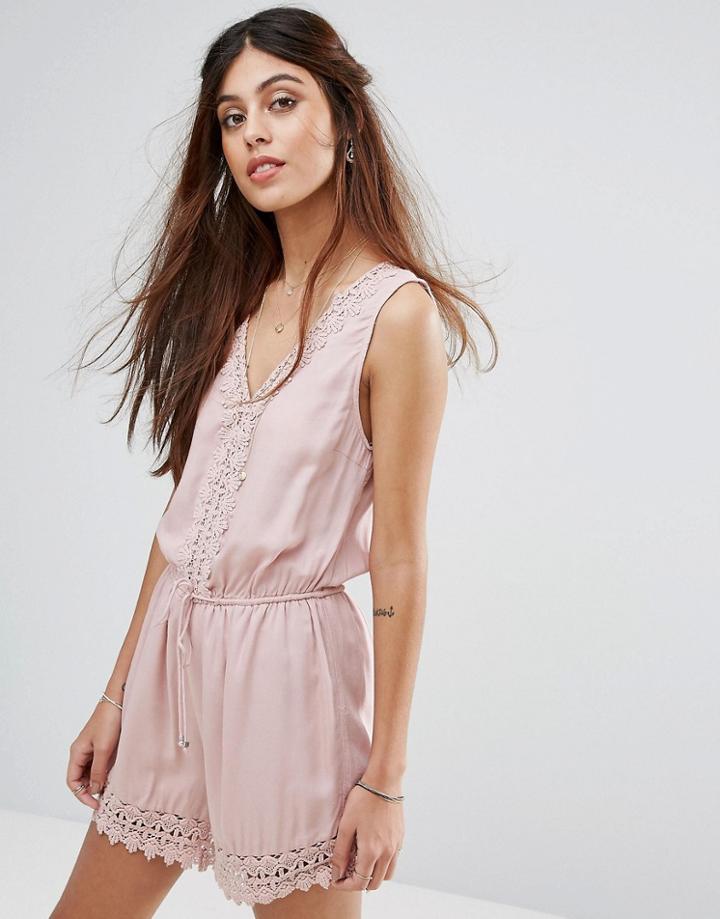Vila Lace Detail Tie Waist Romper - Pink