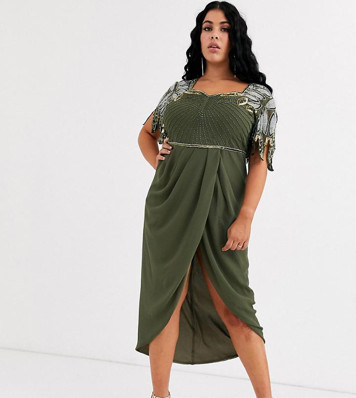 Virgos Lounge Plus Drape Front Midi Dress With Shoulder Detail In Khaki-green