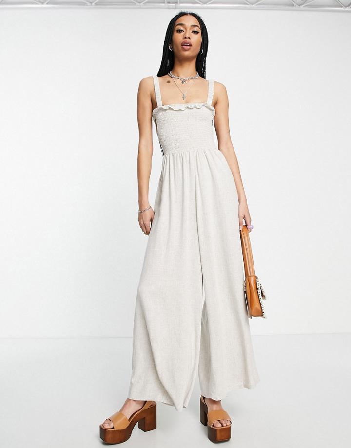 Topshop Linen Shirred Jumpsuit In Natural Beige-neutral