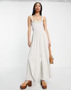 Topshop Linen Shirred Jumpsuit In Natural Beige-neutral
