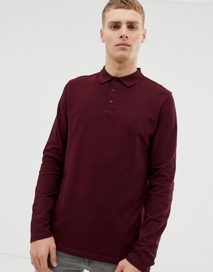 Asos Design Long Sleeve Pique Polo In Burgundy-red